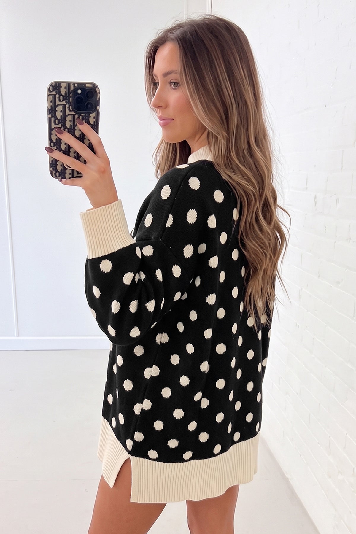 Polka Dot Pattern Ribbed Colorblock Trim Split Tunic Sweater/3 Color Options