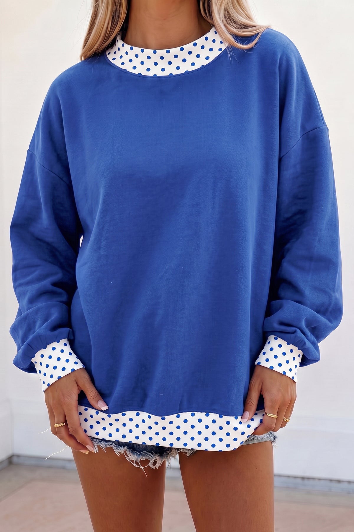Colorblock Polka Dot Contrast Trim Oversized Sweatshirt/9 Color Options