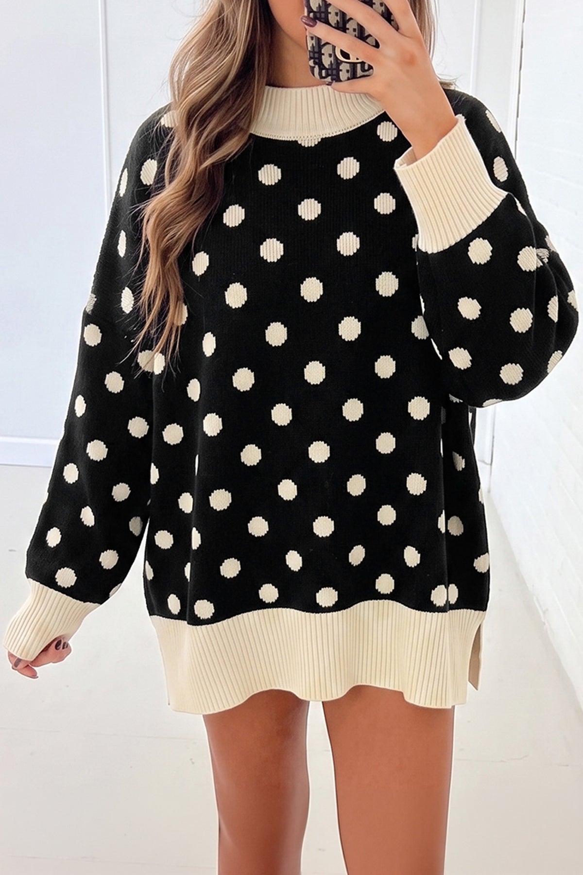 Polka Dot Pattern Ribbed Colorblock Trim Split Tunic Sweater/3 Color Options