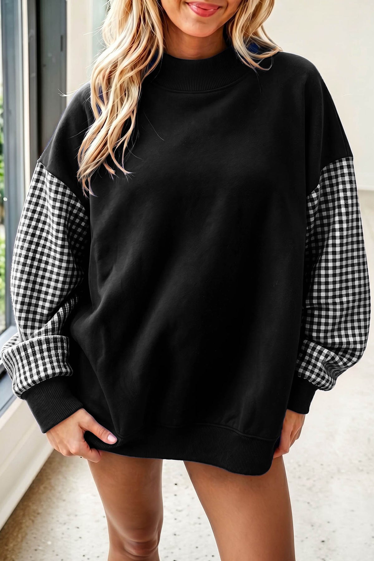Plaid Sleeve Colorblock Loose Tunic Sweatshirt/8 Color Options