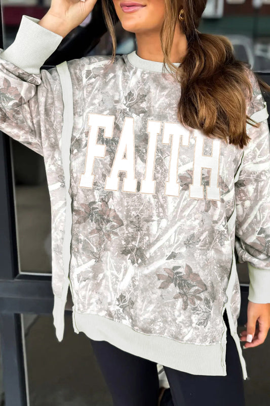 Faith Embroidered Graphic Casual Pullover Camo Sweatshirt