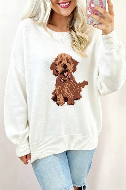 Cozy Dog Print Dropped Shoulder Relaxed Sweater
