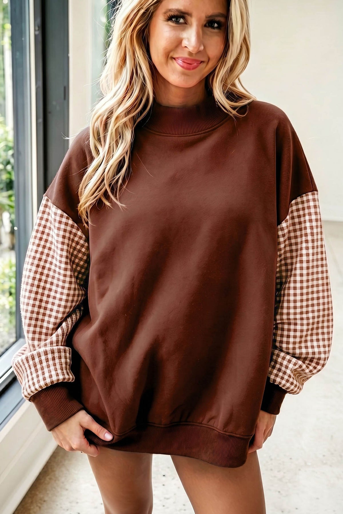 Plaid Sleeve Colorblock Loose Tunic Sweatshirt/8 Color Options