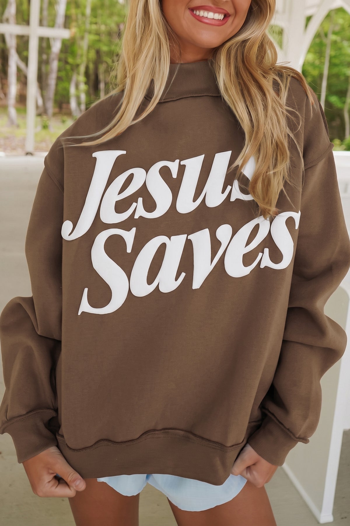 Jesus Saves Slogan Print Stand Neck Baggy Sweatshirt/3 Color Options