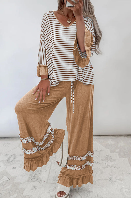 Stripe V Neck Ruffle Contrast Sleeve Top Drawstring Pants 2pcs Set/3 Color Options