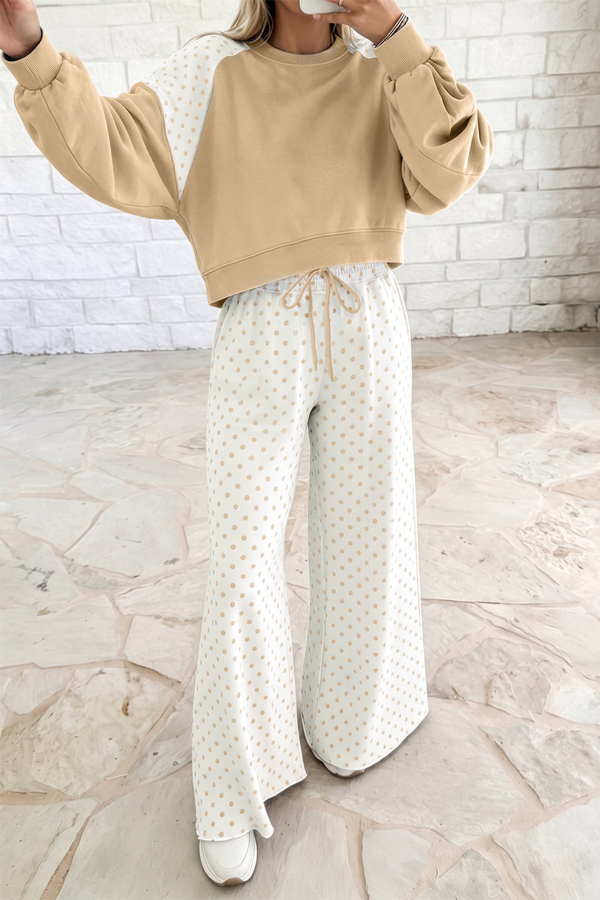 Polka Dot Patchwork Colorblock Long Sleeve Casual Two Piece Pants Set/4 Color Options