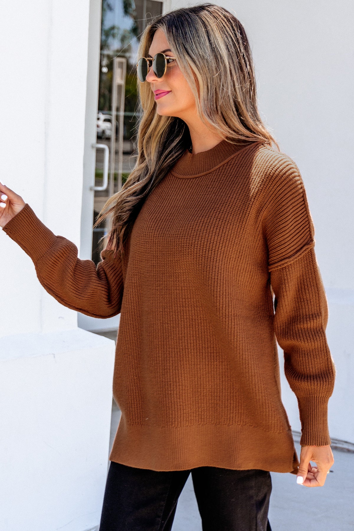 Long Sleeve Ribbed Knit Stand Neck Regular Fit Sweater