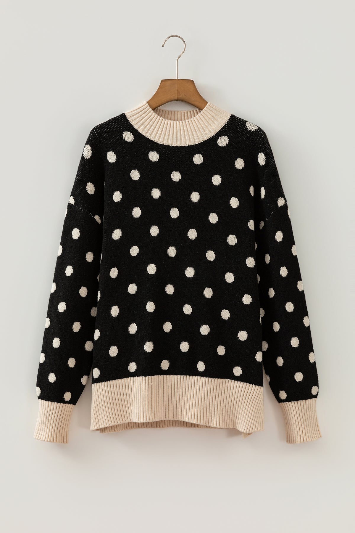 Polka Dot Pattern Ribbed Colorblock Trim Split Tunic Sweater/3 Color Options