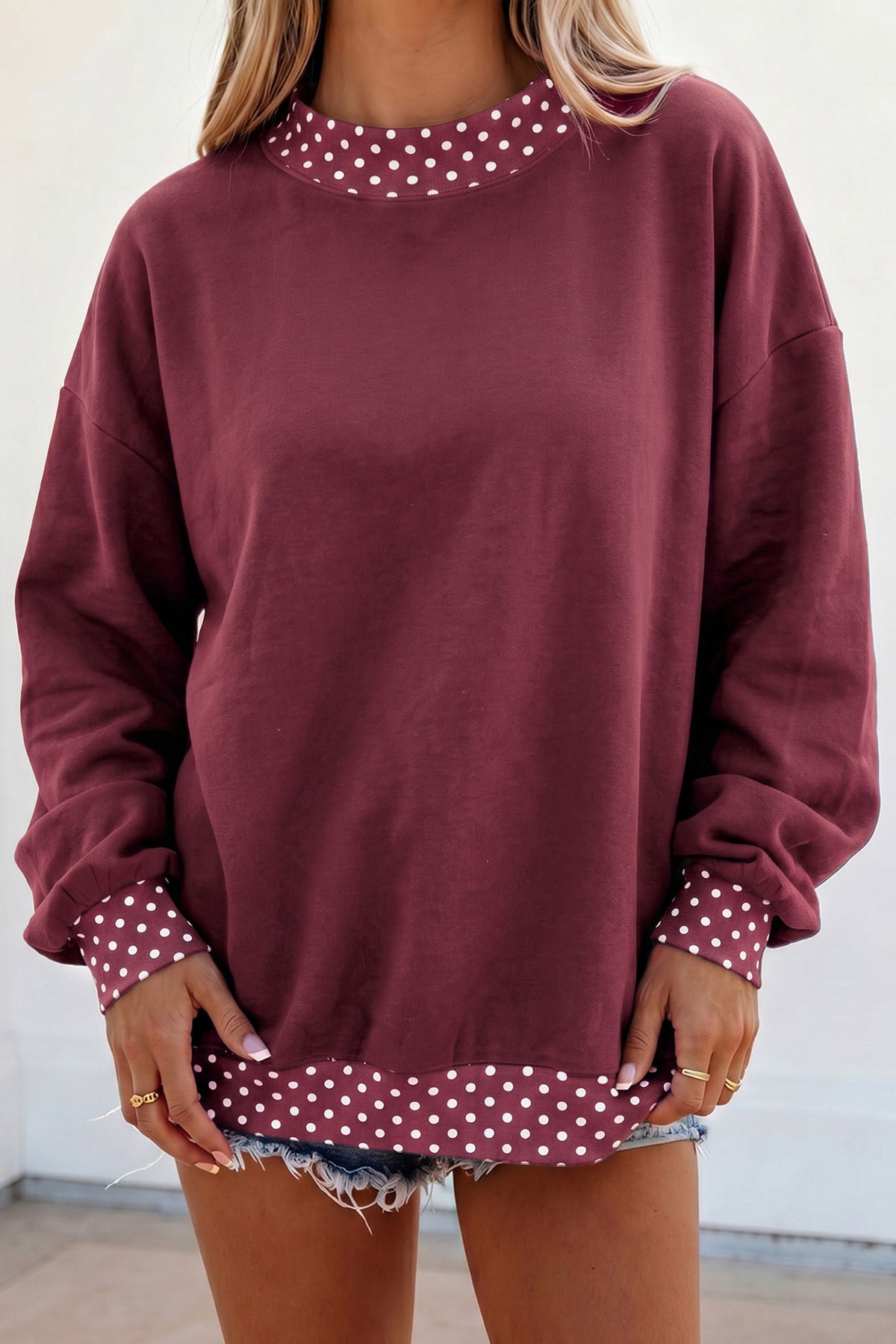 Colorblock Polka Dot Contrast Trim Oversized Sweatshirt/9 Color Options