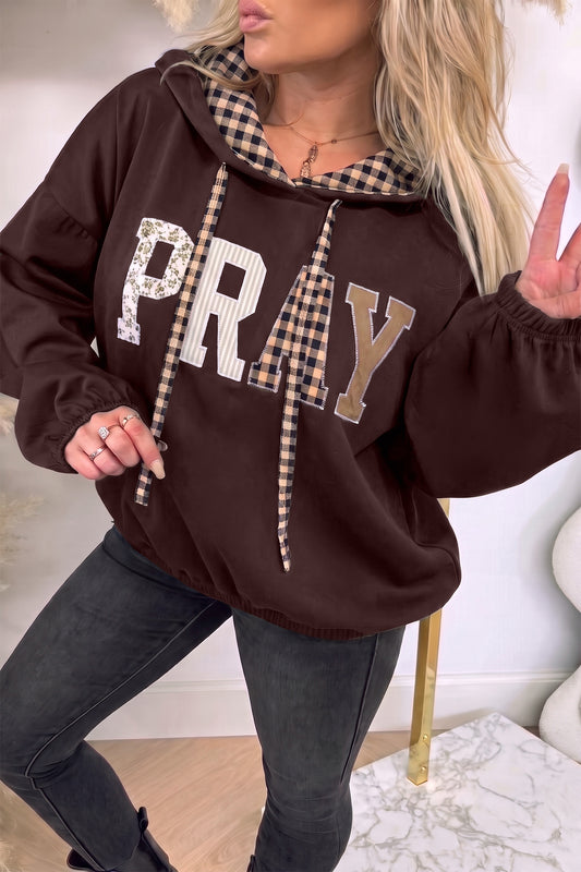 PRAY Mix Pattern Letter Graphic Plaid Contrast Drawstring Hoodie/3 Color Options