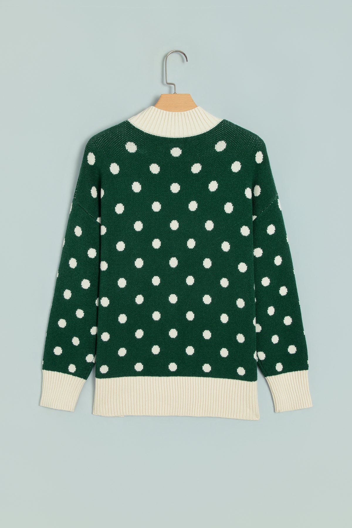 Polka Dot Pattern Ribbed Colorblock Trim Split Tunic Sweater/3 Color Options