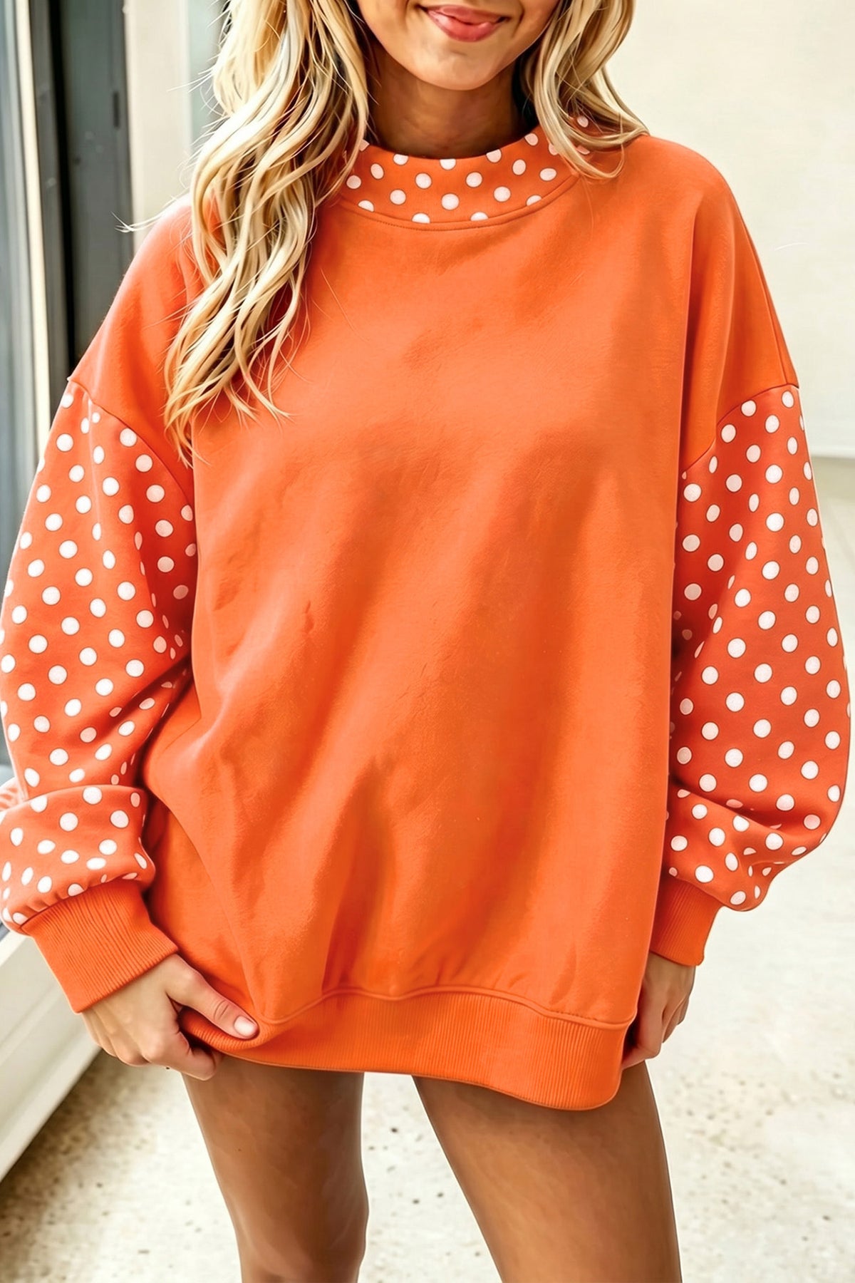 Polka Dot Contrast Round Neck Long Sleeve Baggy Sweatshirt/4 Color Options