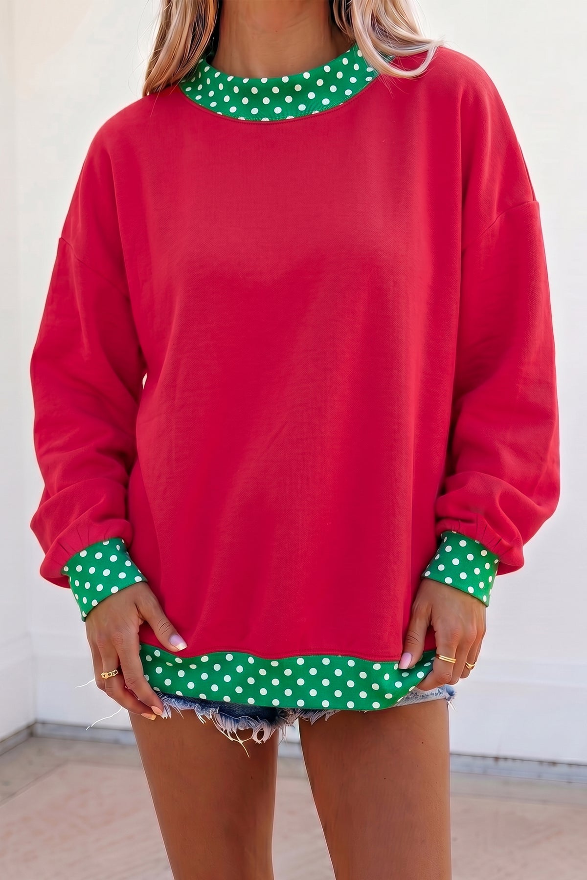 Colorblock Polka Dot Contrast Trim Oversized Sweatshirt/9 Color Options