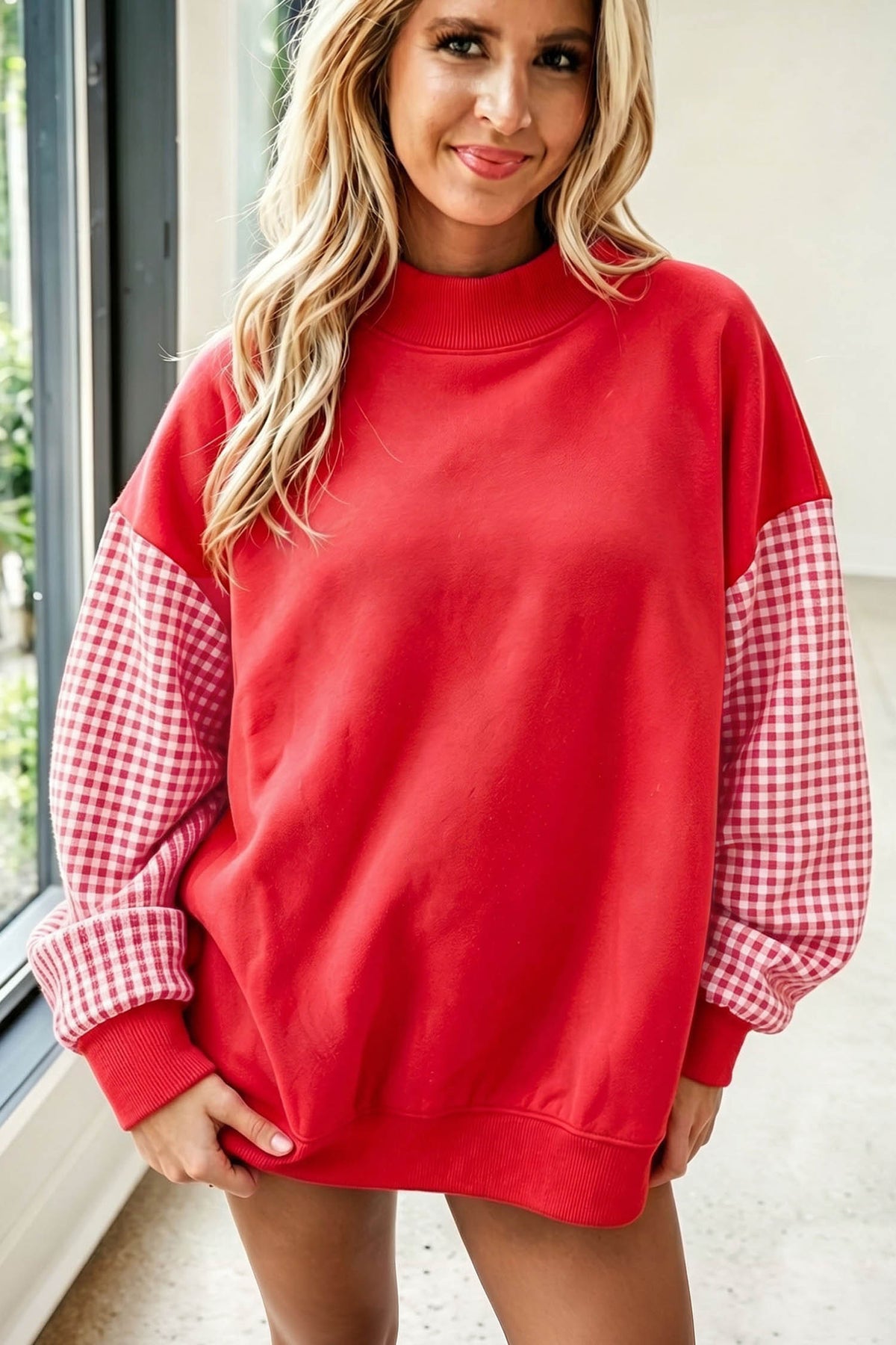 Plaid Sleeve Colorblock Loose Tunic Sweatshirt/8 Color Options