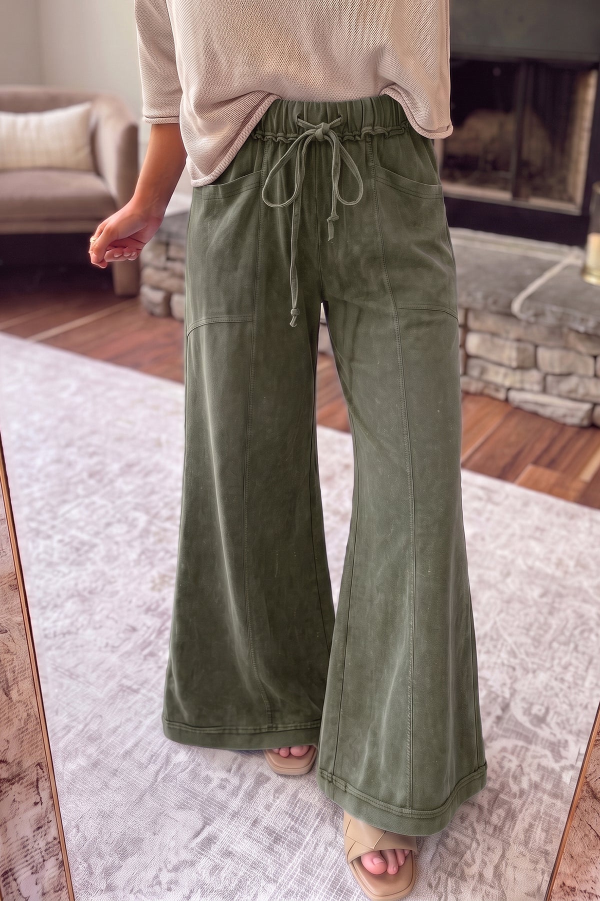 Mineral Wash Seam Detail Flare Leg Drawstring Pants/3 Color Options