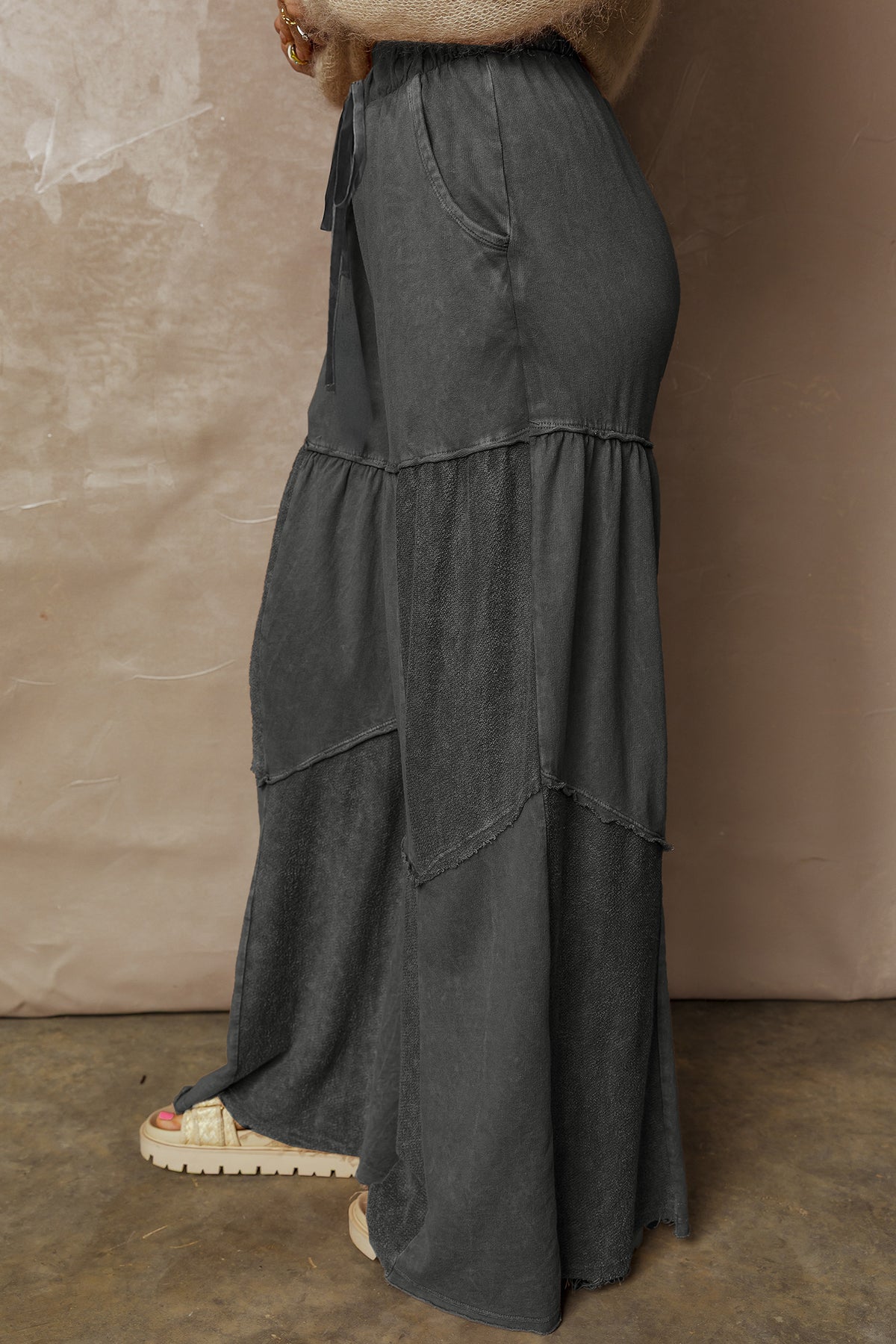 Mineral Wash Tiered Wide Leg Patchwork Drawstring Pants/3 Color Options
