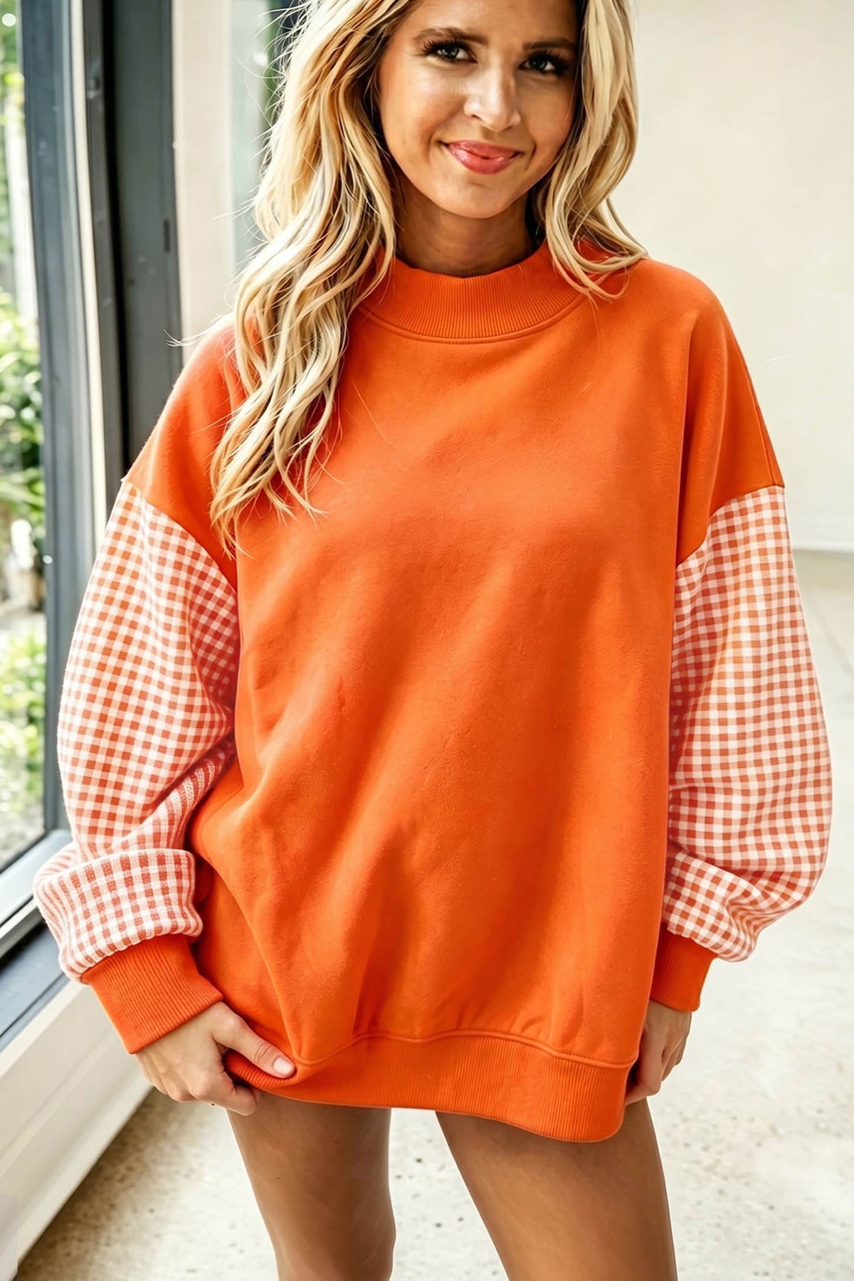 Plaid Sleeve Colorblock Loose Tunic Sweatshirt/8 Color Options
