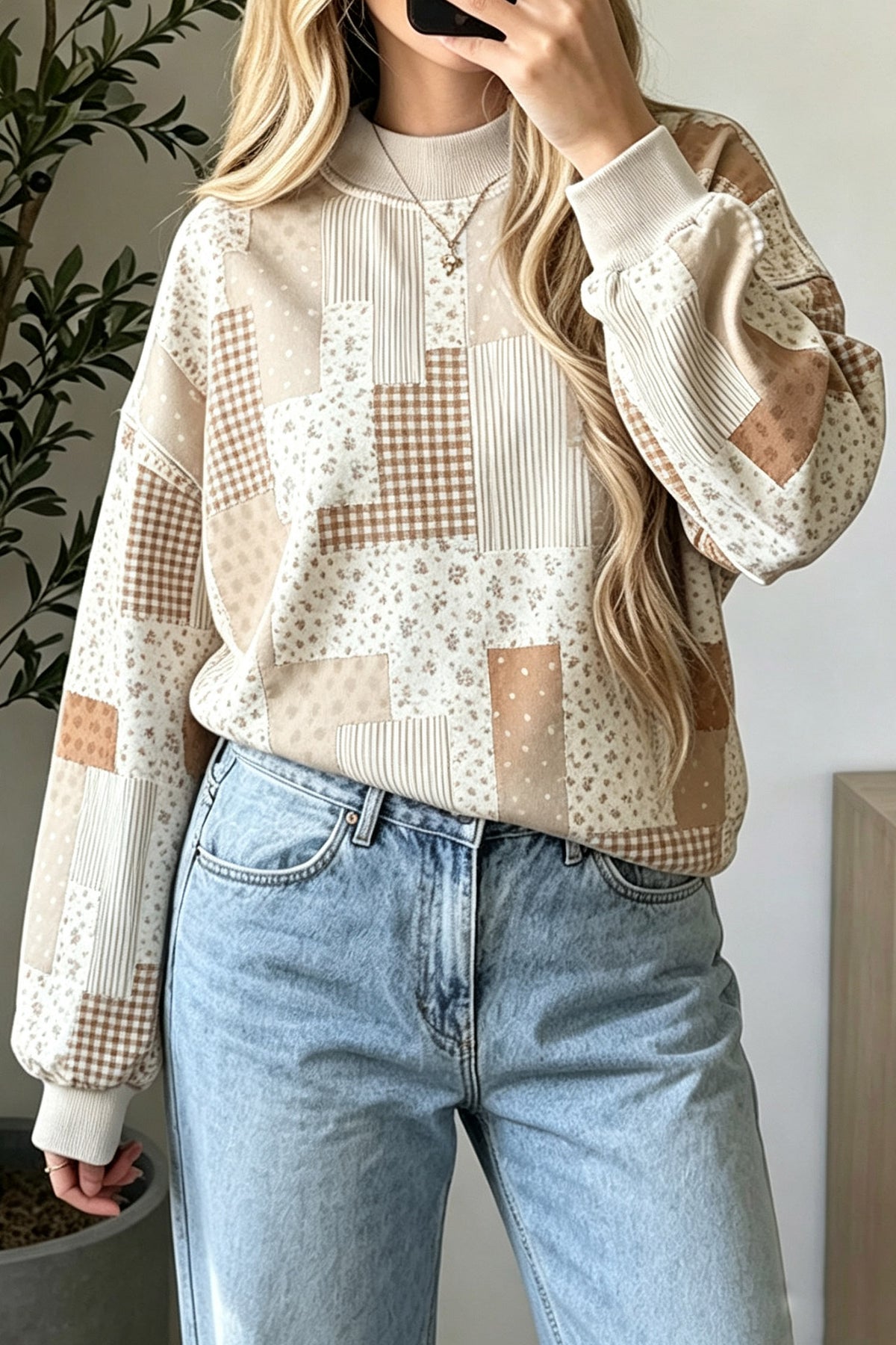 Patchwork Floral Print Mock Neck Long Sleeve Sweatshirt