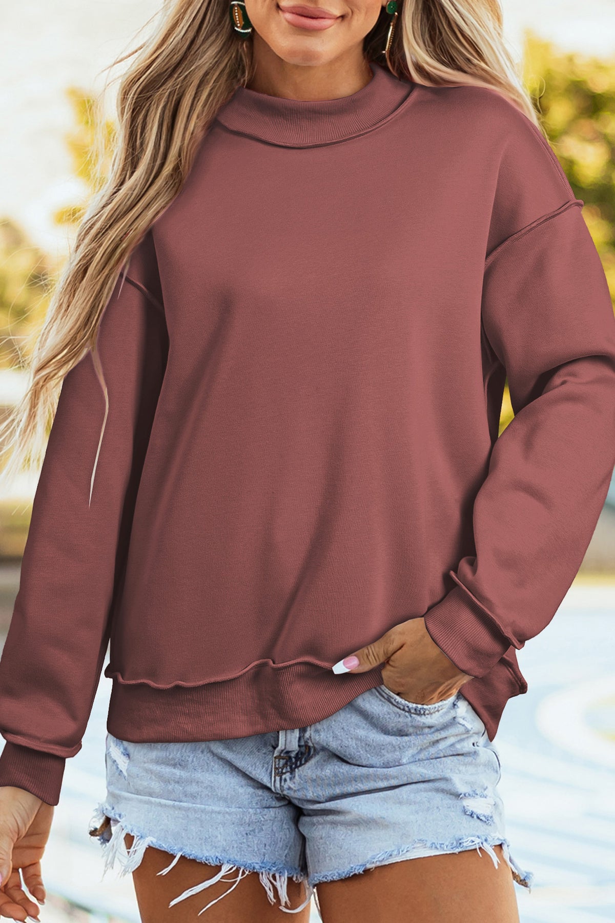 Oversize Drop Shoulder Reversible Mock Neck Sweatshirt/14 Color Options