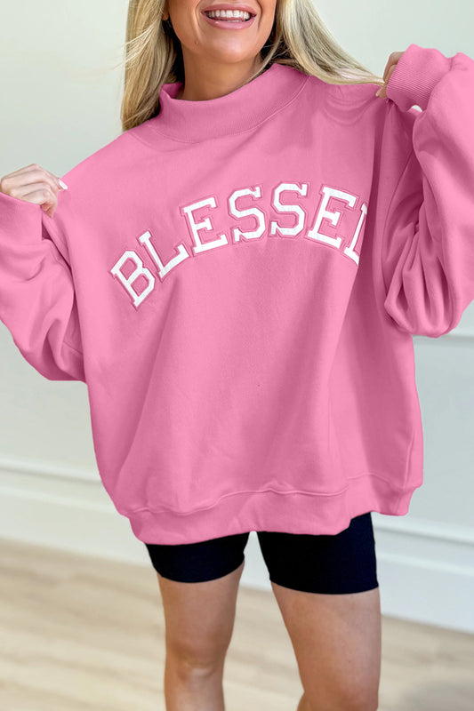 Oversize Blessed Embroidered Mock Neck Sweatshirt