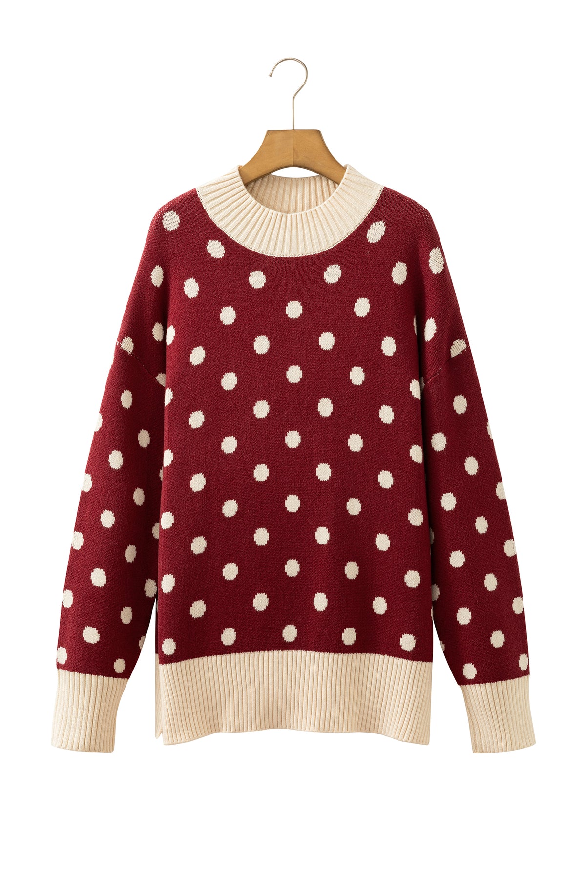 Polka Dot Pattern Ribbed Colorblock Trim Split Tunic Sweater/3 Color Options