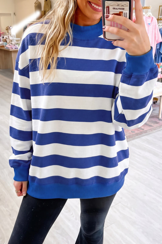 Stripe Colorblock Mock Neck Relaxed Sweatshirt