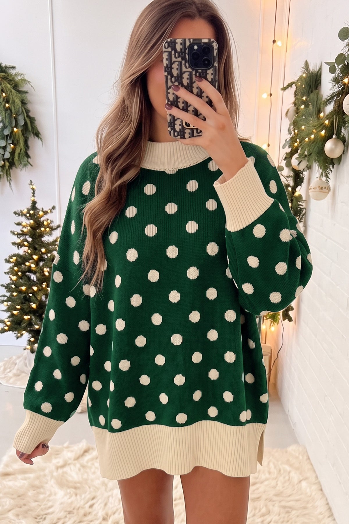 Polka Dot Pattern Ribbed Colorblock Trim Split Tunic Sweater/3 Color Options