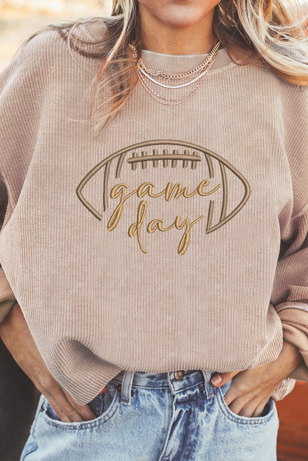 Rugby Game Day Embroidered Corduroy Sweatshirt/4 Color Options