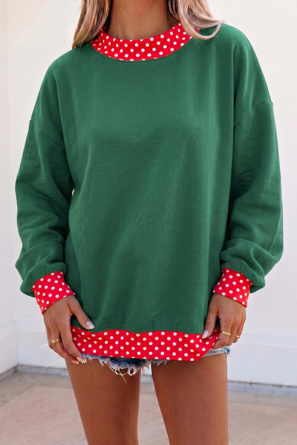 Colorblock Polka Dot Contrast Trim Oversized Sweatshirt/9 Color Options