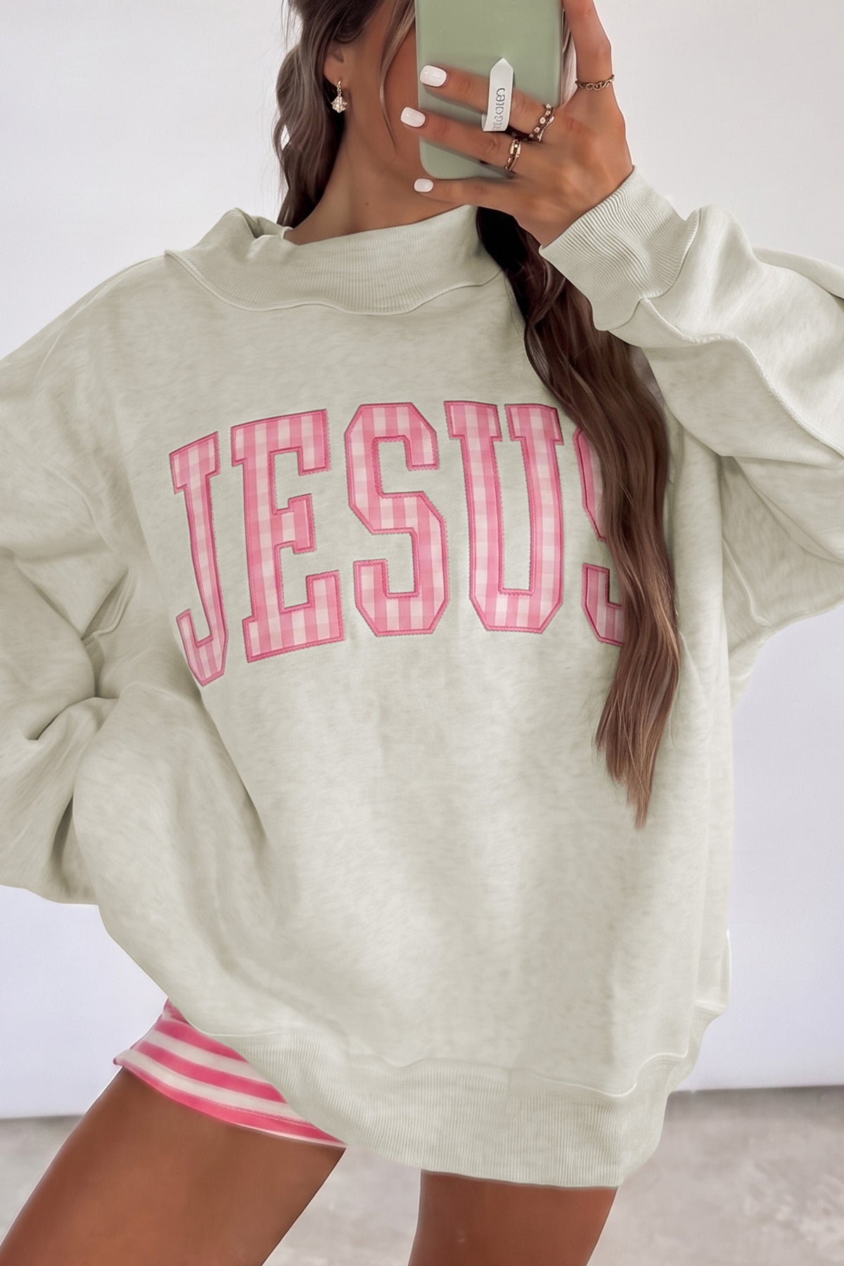 High Neck Polka Dot Slogan Printed Baggy Sweatshirt