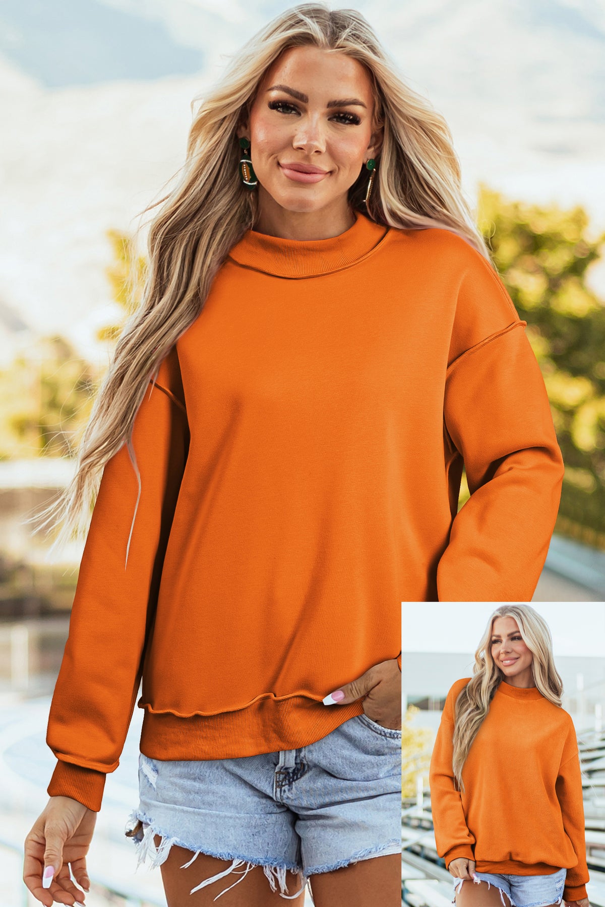 Oversize Drop Shoulder Reversible Mock Neck Sweatshirt/14 Color Options
