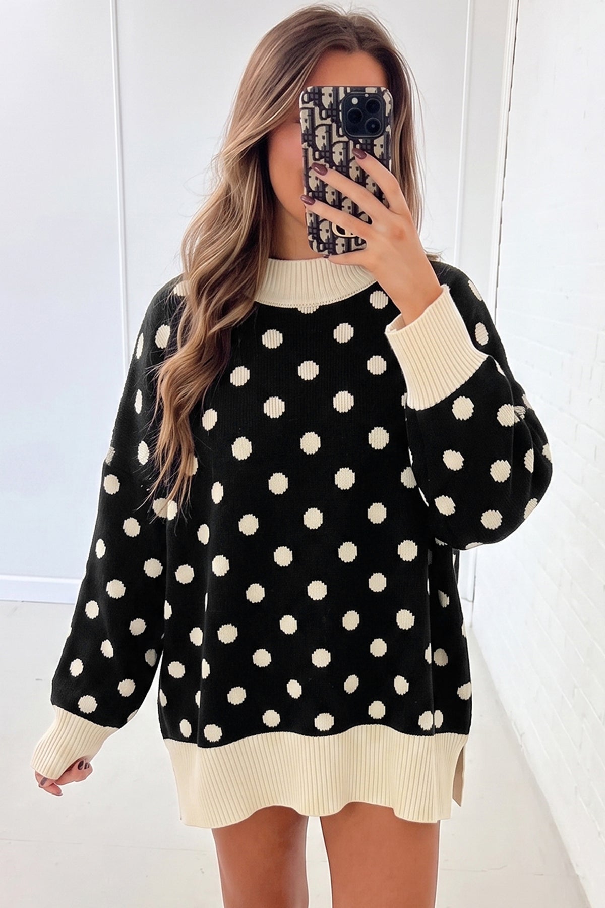 Polka Dot Pattern Ribbed Colorblock Trim Split Tunic Sweater/3 Color Options