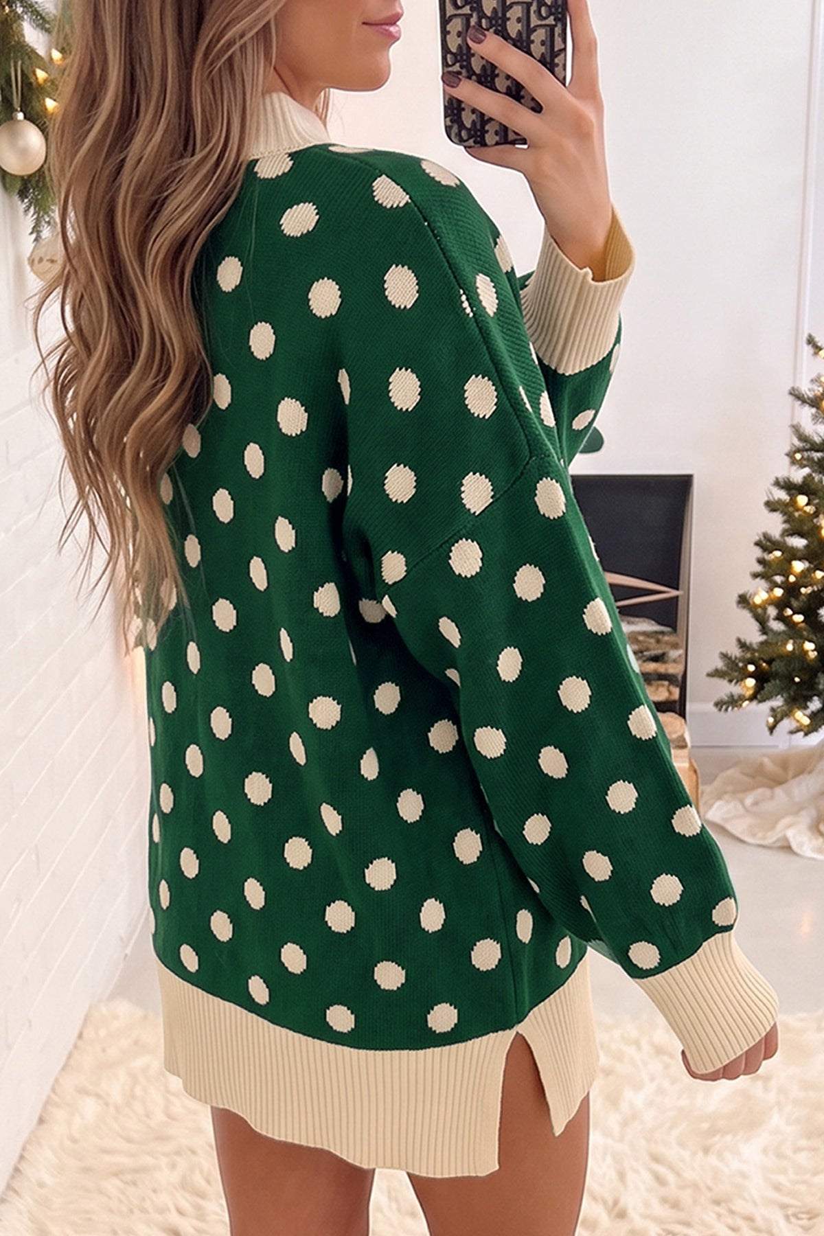 Polka Dot Pattern Ribbed Colorblock Trim Split Tunic Sweater/3 Color Options