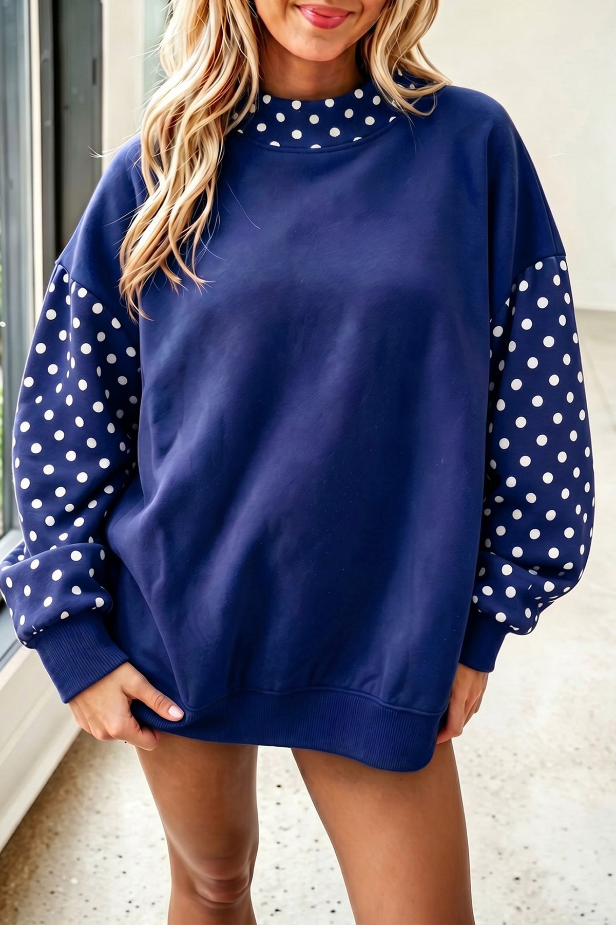 Polka Dot Contrast Round Neck Long Sleeve Baggy Sweatshirt/4 Color Options