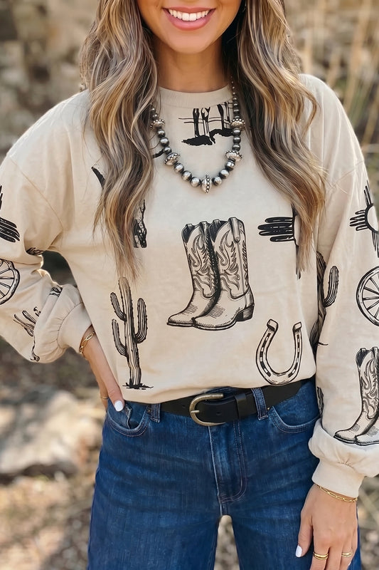 Western Print Long Sleeve Round Neck Loose Top