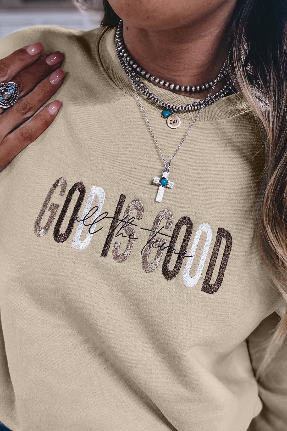 GOD IS GOOD Embroidered Letter Crewneck Pullover Sweatshirt
