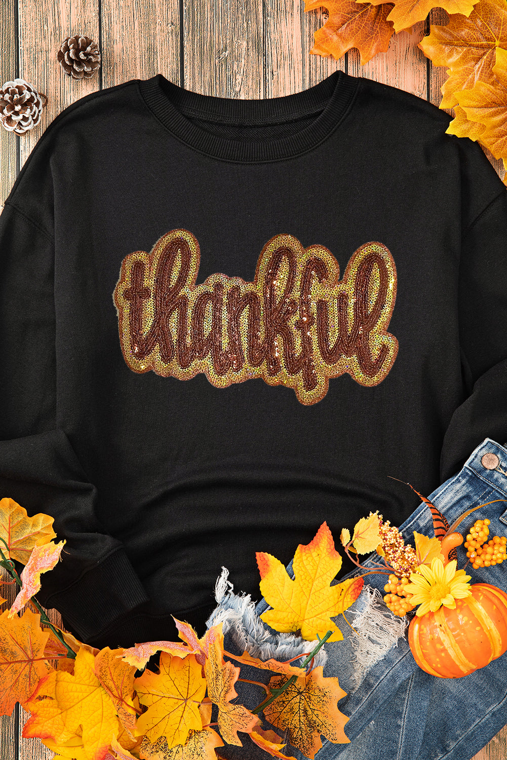 Glittering thankful Graphic Drop Shoulder Sweatshirt