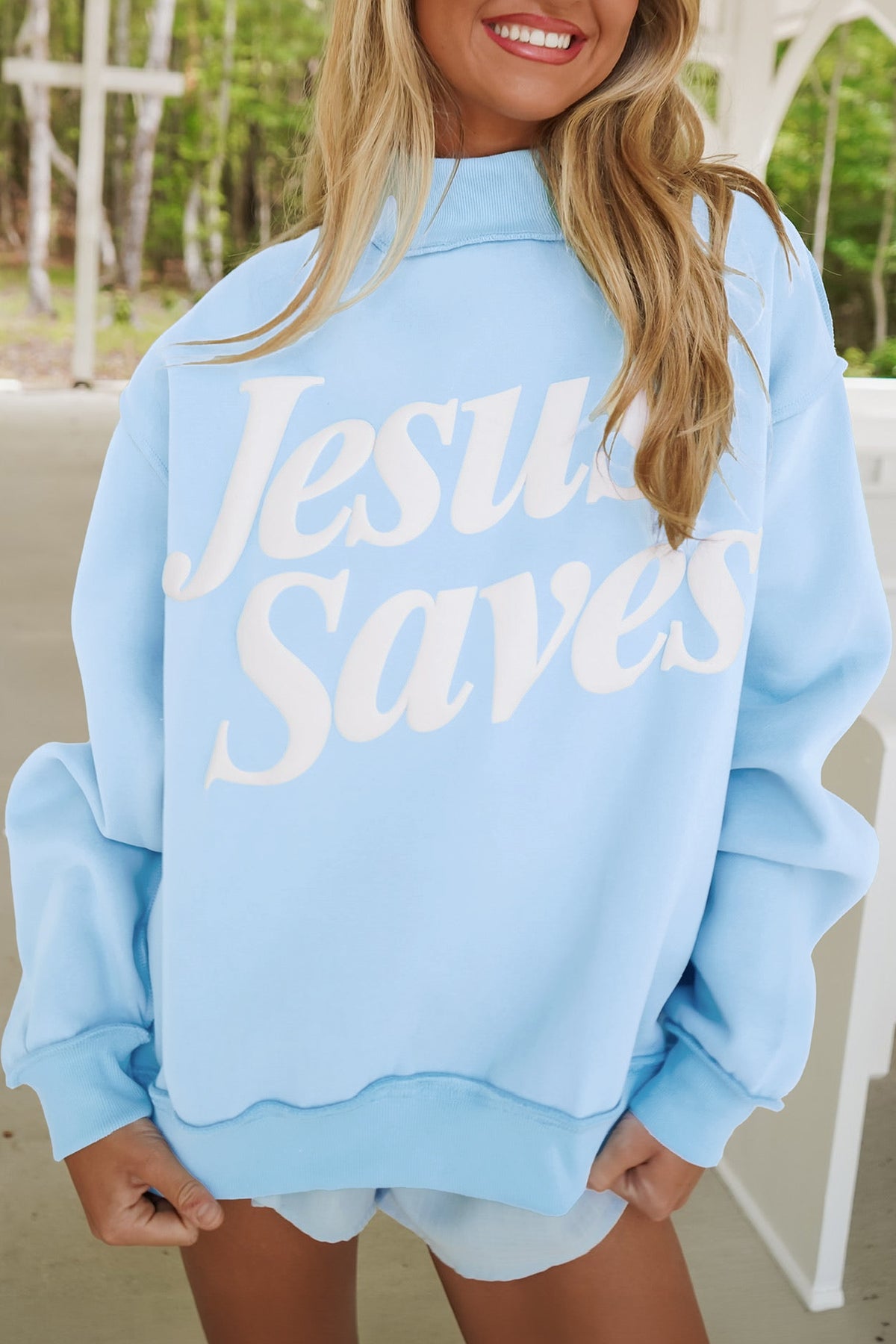 Jesus Saves Slogan Print Stand Neck Baggy Sweatshirt/3 Color Options