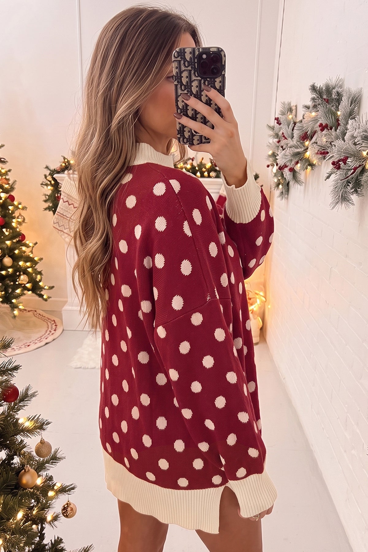 Polka Dot Pattern Ribbed Colorblock Trim Split Tunic Sweater/3 Color Options