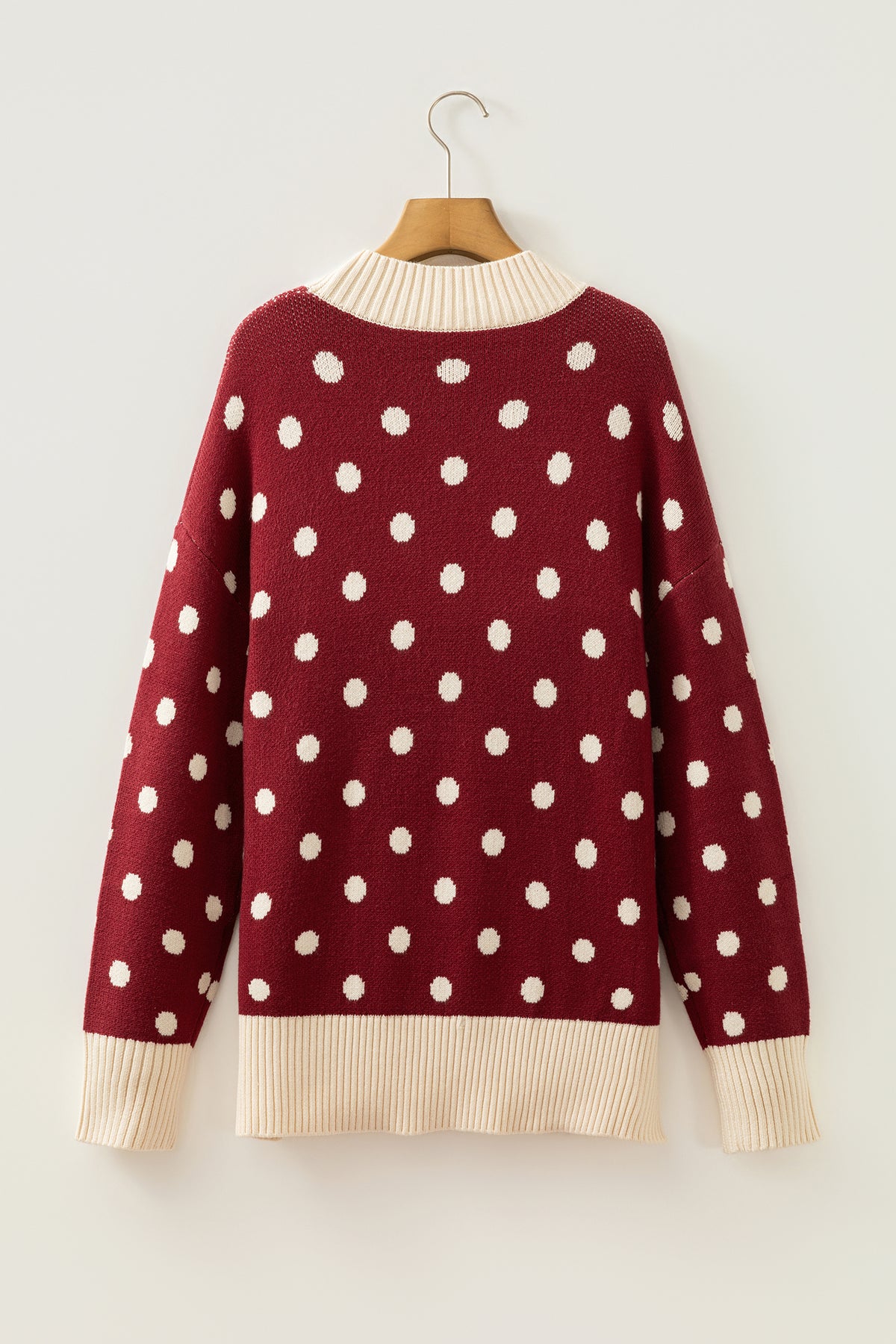 Polka Dot Pattern Ribbed Colorblock Trim Split Tunic Sweater/3 Color Options