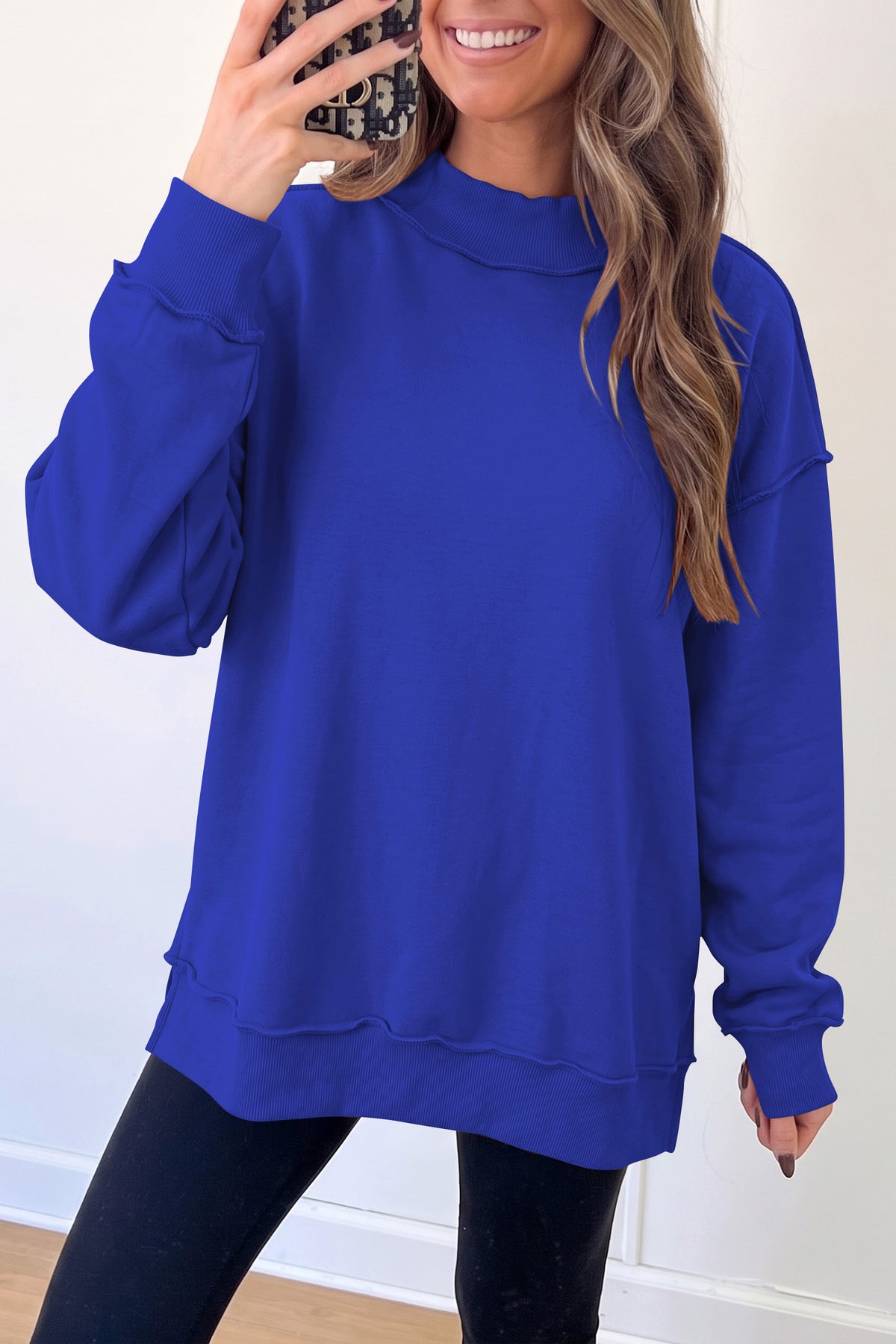Oversize Drop Shoulder Reversible Mock Neck Sweatshirt/14 Color Options