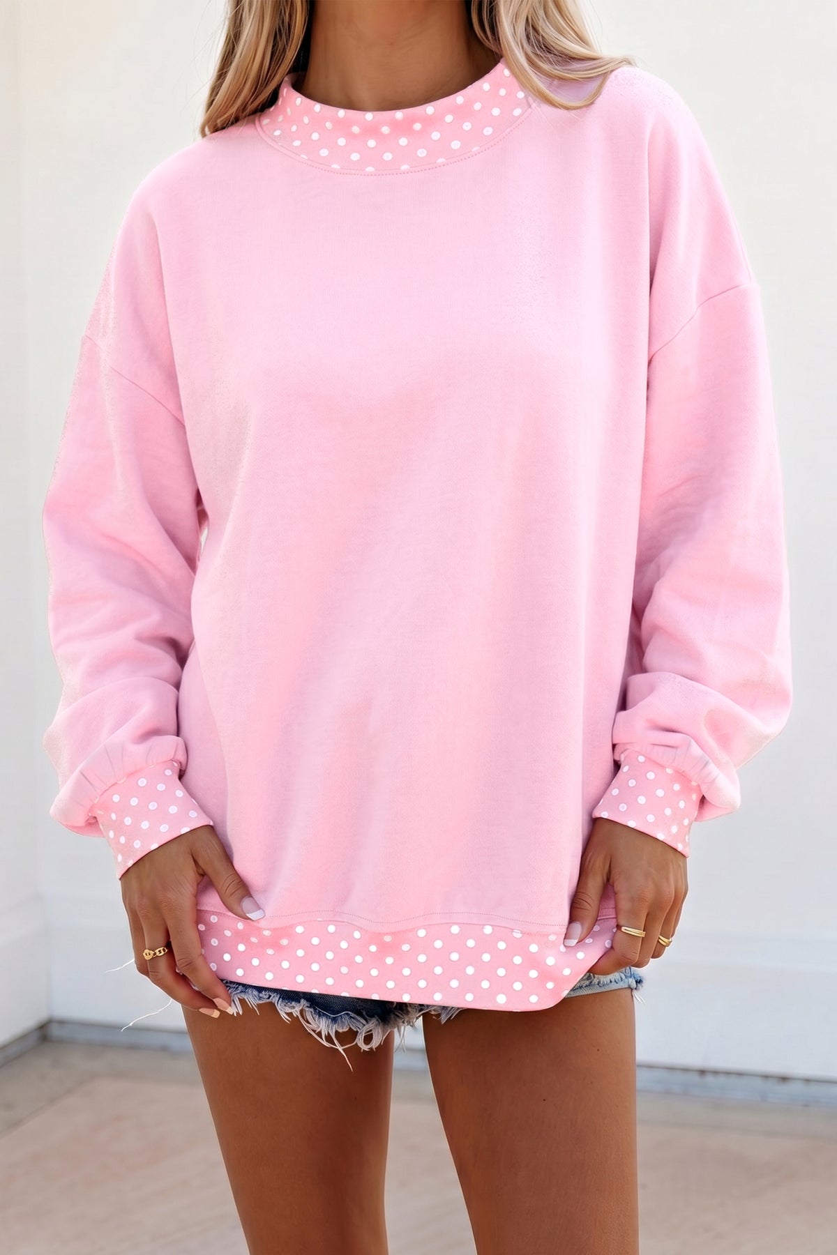 Colorblock Polka Dot Contrast Trim Oversized Sweatshirt/9 Color Options