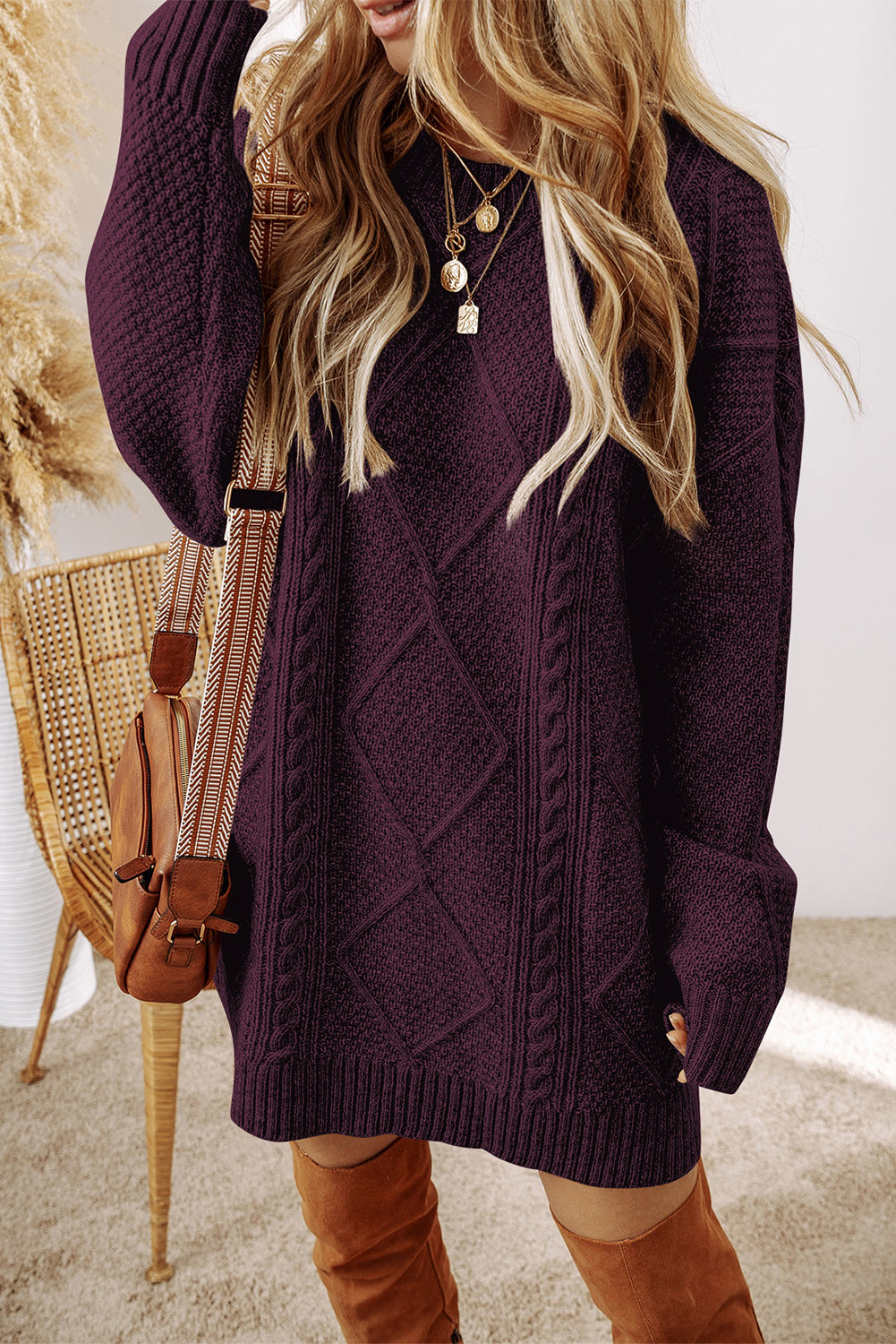 Cable Knit Drop Shoulder Loose Fit Sweater Dress/6 Color Options