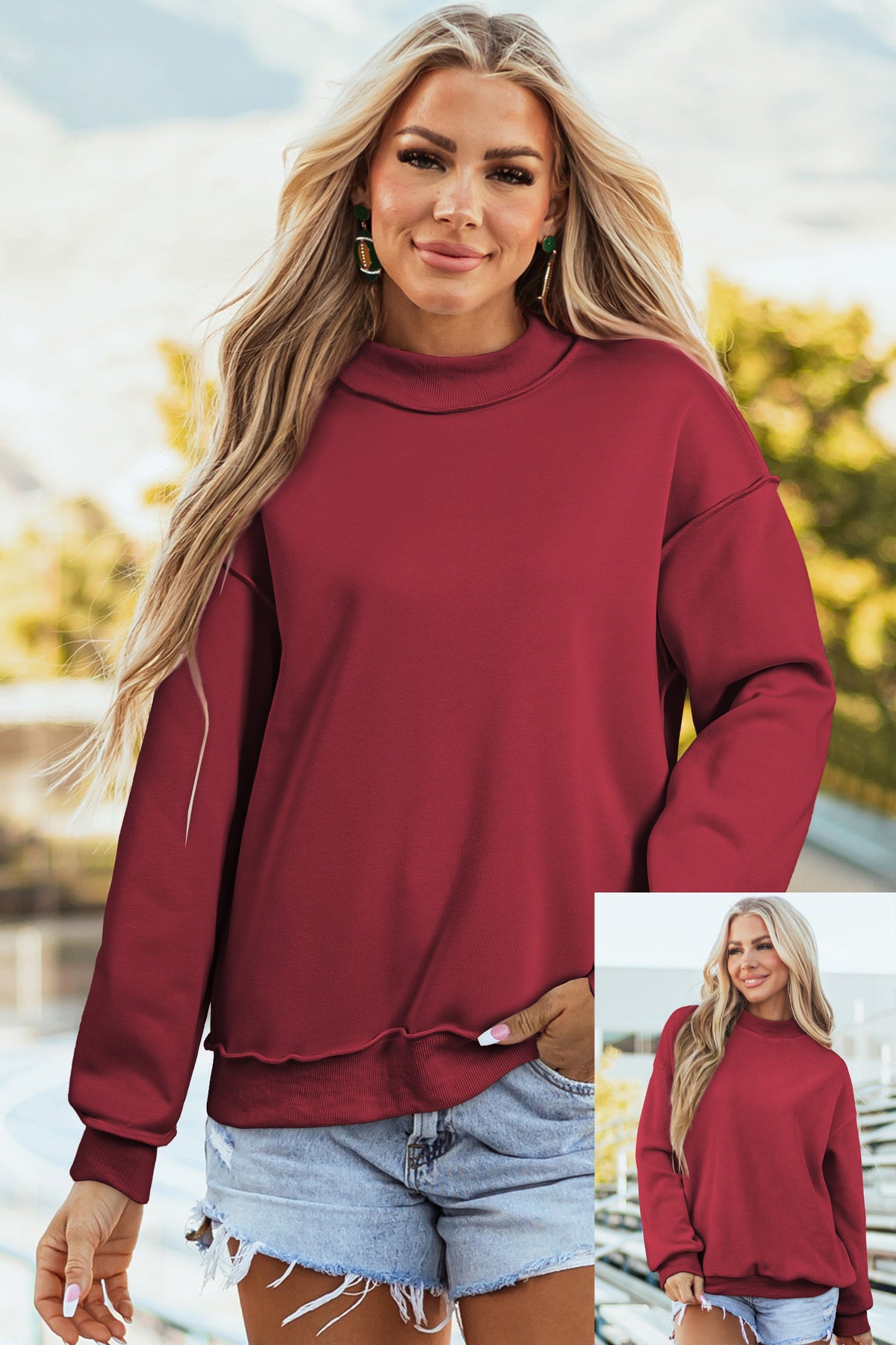 Oversize Drop Shoulder Reversible Mock Neck Sweatshirt/14 Color Options