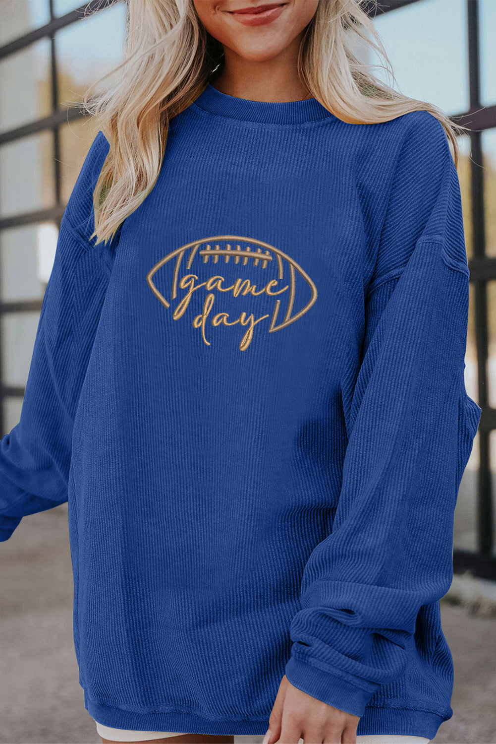 Rugby Game Day Embroidered Corduroy Sweatshirt/4 Color Options
