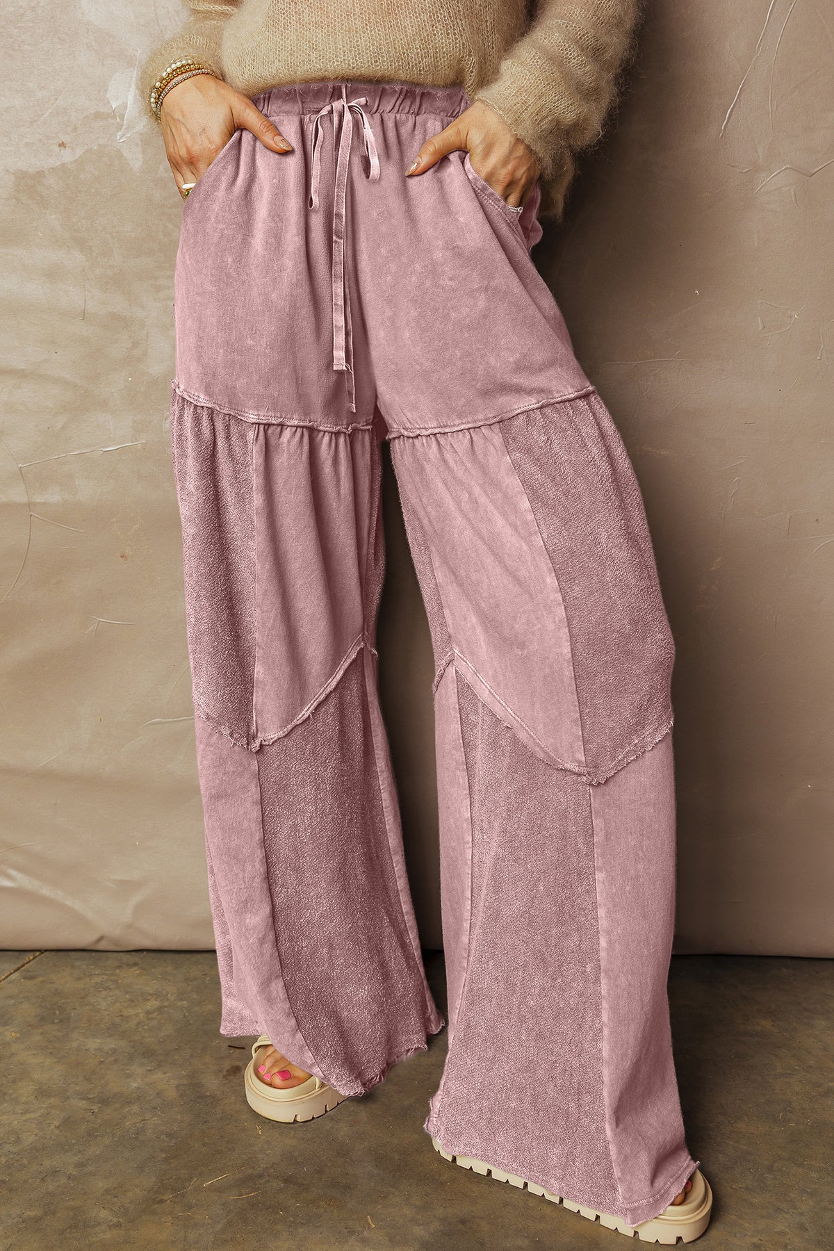 Mineral Wash Tiered Wide Leg Patchwork Drawstring Pants/3 Color Options