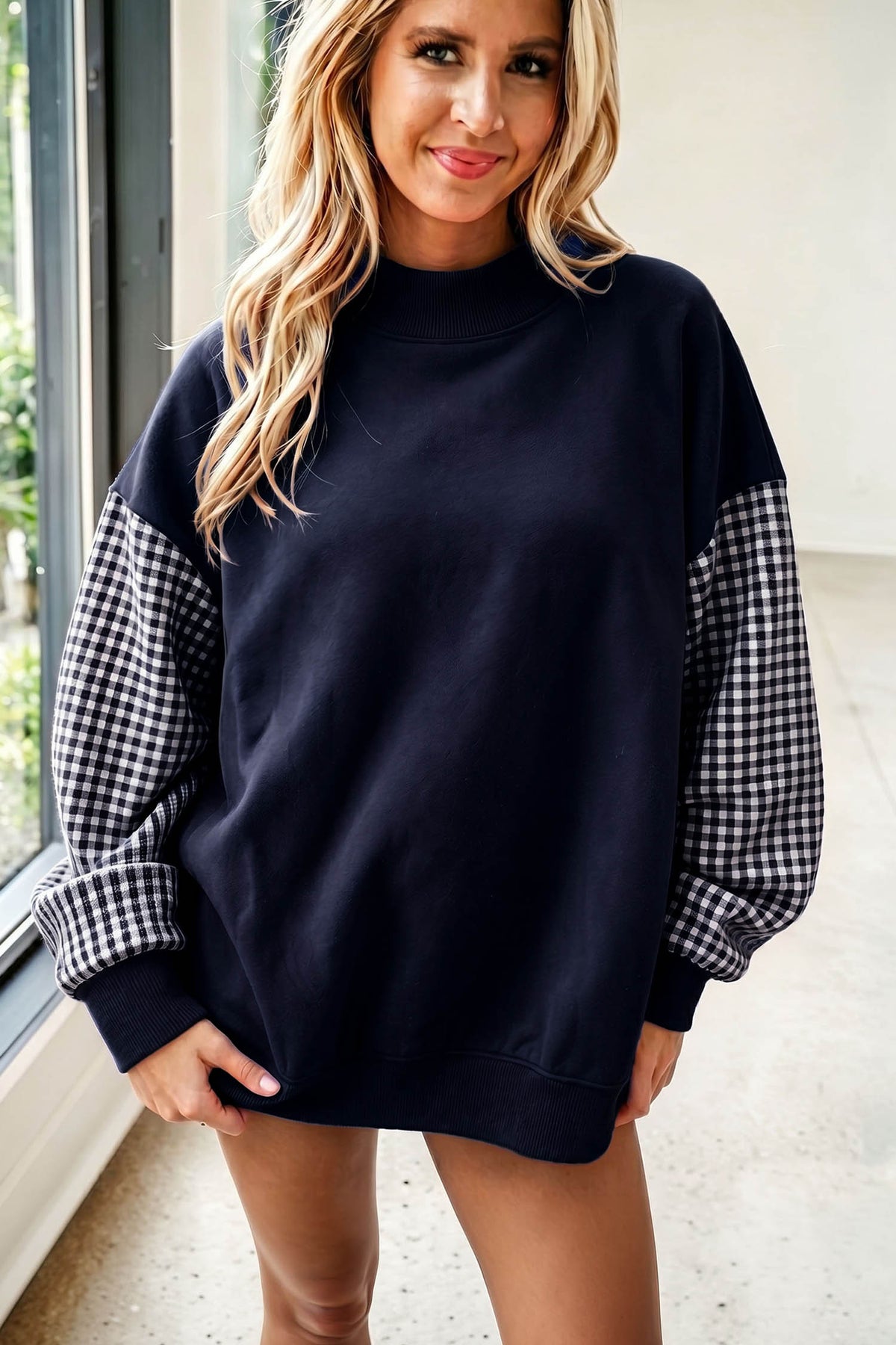 Plaid Sleeve Colorblock Loose Tunic Sweatshirt/8 Color Options