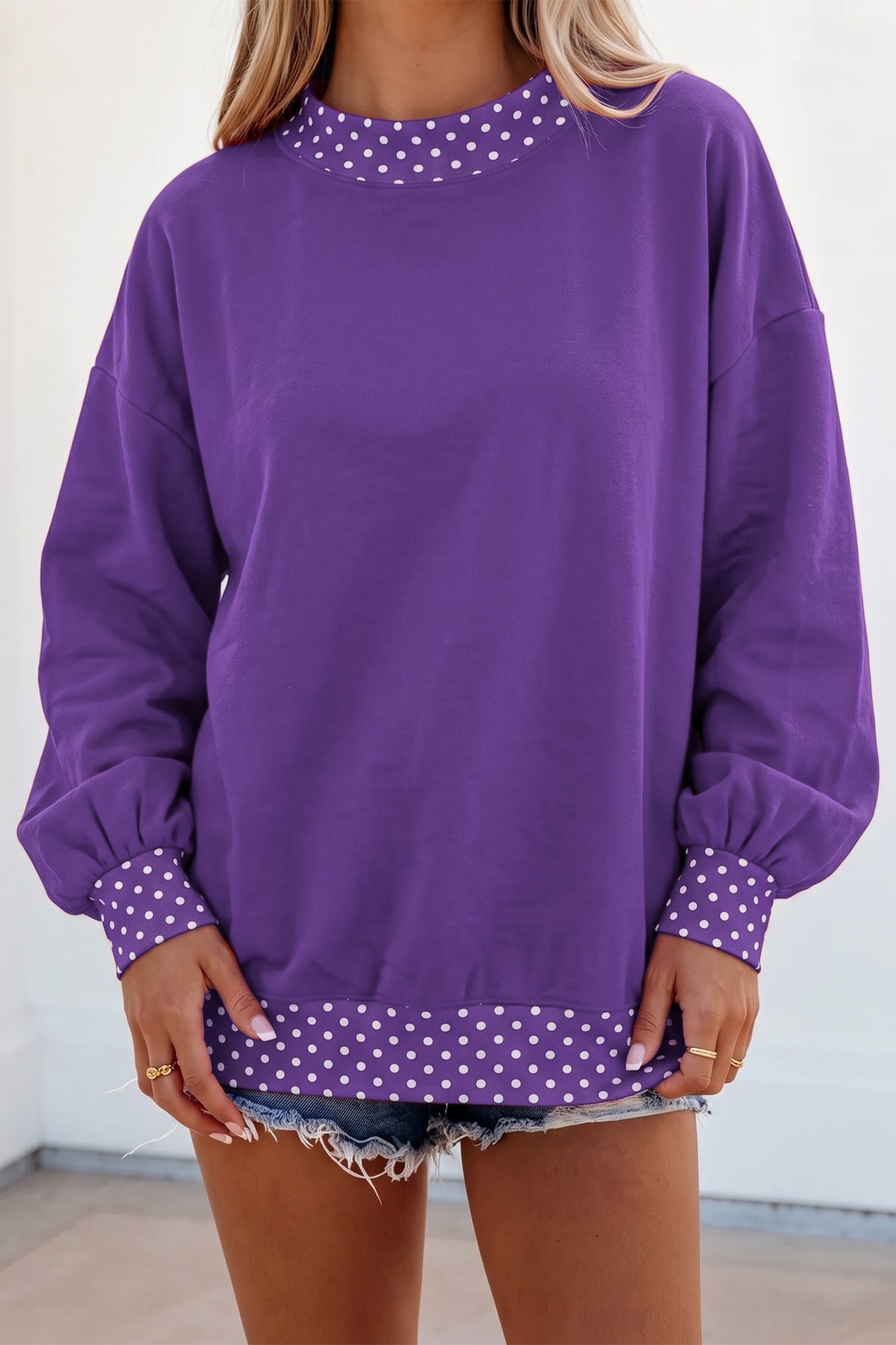 Colorblock Polka Dot Contrast Trim Oversized Sweatshirt/9 Color Options