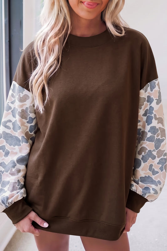Camouflage Sleeve Crewneck Baggy Pullover Sweatshirt/2 Color Options