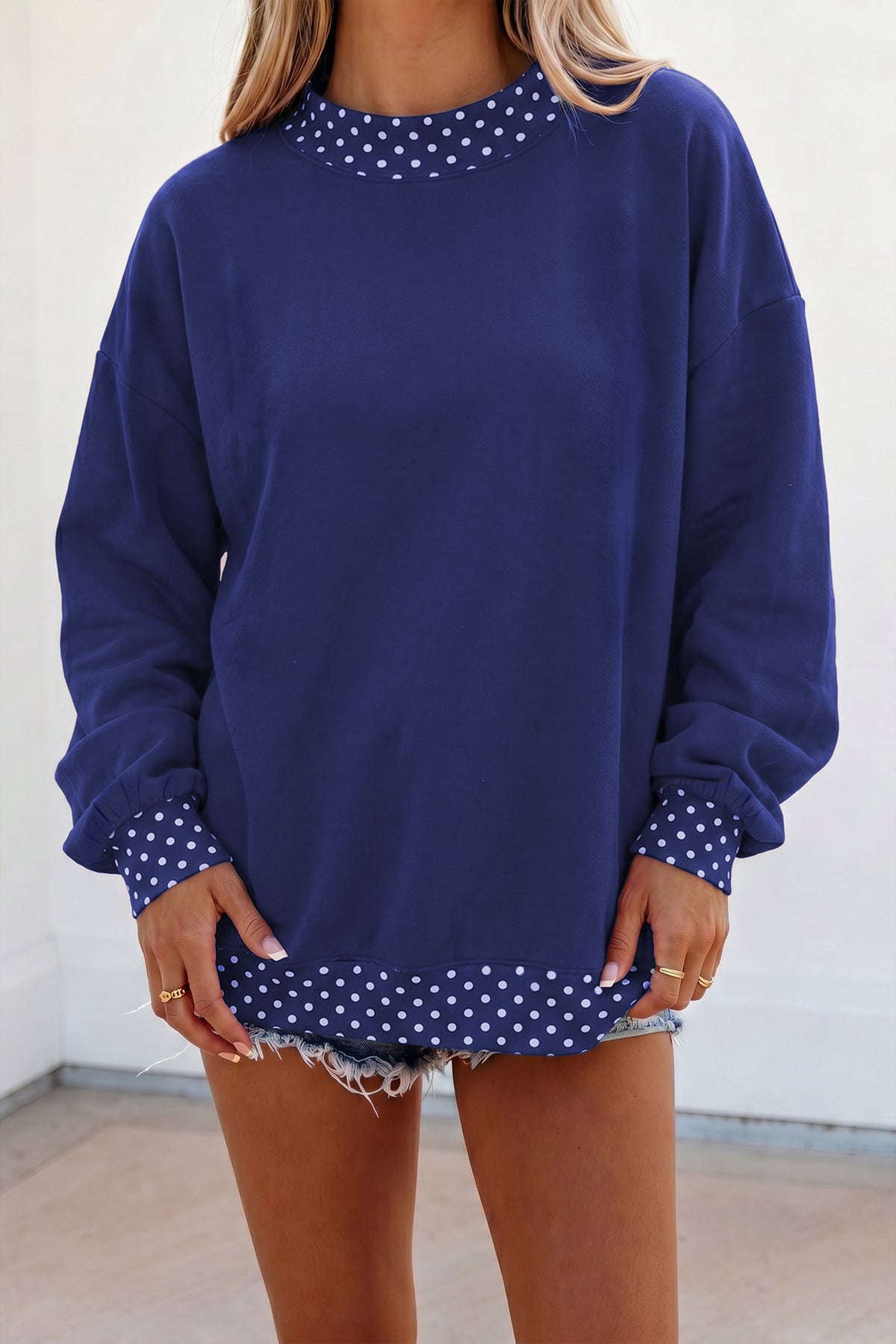 Colorblock Polka Dot Contrast Trim Oversized Sweatshirt/9 Color Options